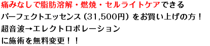 痛みなしで脂肪溶解・燃焼・セルライトケアできるパーフェクトエッセンス（31,500円）をお買い上げの方！超音波→エレクトロポレーションに施術を無料変更！！